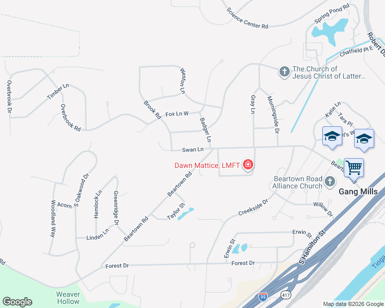 map of restaurants, bars, coffee shops, grocery stores, and more near 9 Swan Ln in Painted Post
