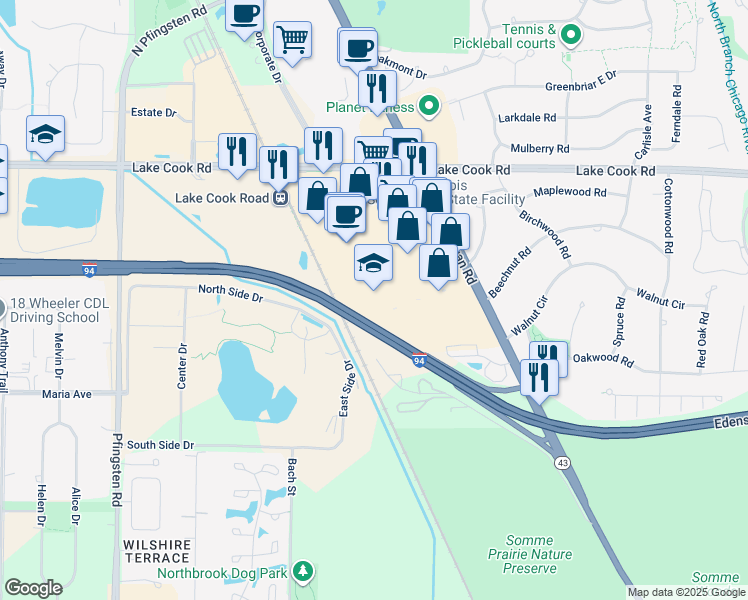 map of restaurants, bars, coffee shops, grocery stores, and more near 158 South Waukegan Road in Deerfield
