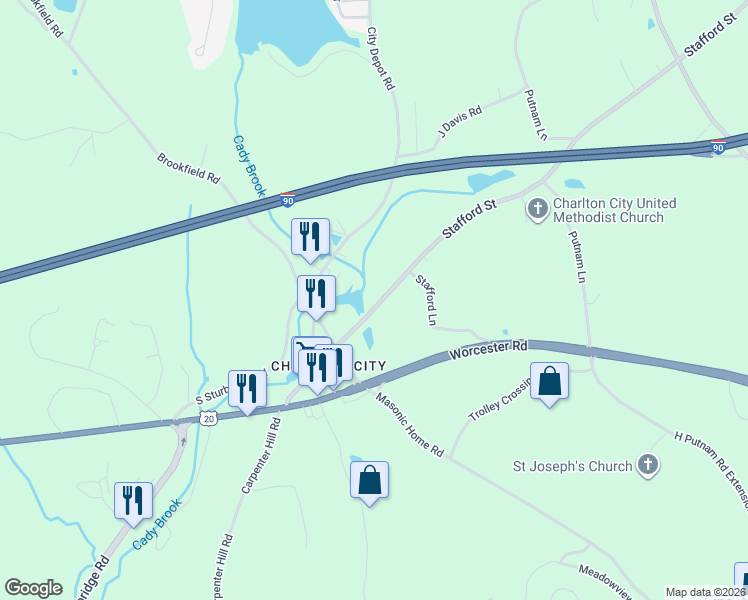 map of restaurants, bars, coffee shops, grocery stores, and more near 31 Stafford Street in Charlton