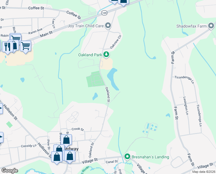 map of restaurants, bars, coffee shops, grocery stores, and more near 58 Oakland Street in Medway