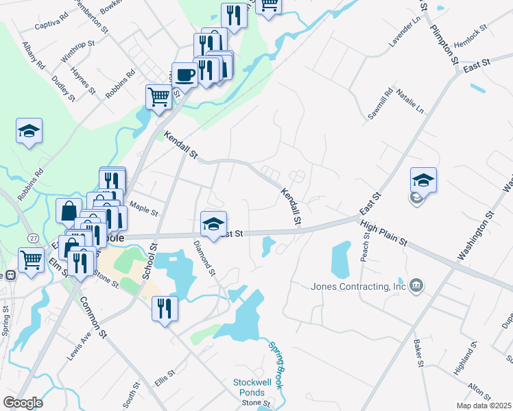 map of restaurants, bars, coffee shops, grocery stores, and more near 767 East Street in Walpole