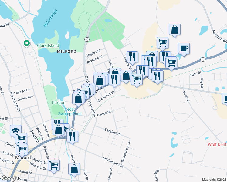 map of restaurants, bars, coffee shops, grocery stores, and more near 9 South Free Street in Milford