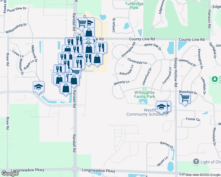 map of restaurants, bars, coffee shops, grocery stores, and more near 2036 Waverly Lane in Algonquin