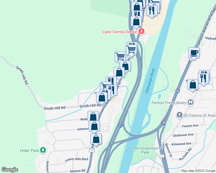 map of restaurants, bars, coffee shops, grocery stores, and more near 2 Norton Drive in Binghamton