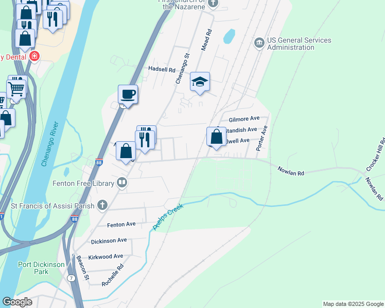map of restaurants, bars, coffee shops, grocery stores, and more near 59 Nowlan Rd in Binghamton