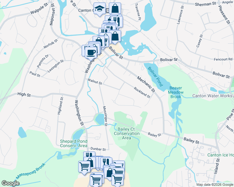 map of restaurants, bars, coffee shops, grocery stores, and more near 5 Walnut Knolls in Canton