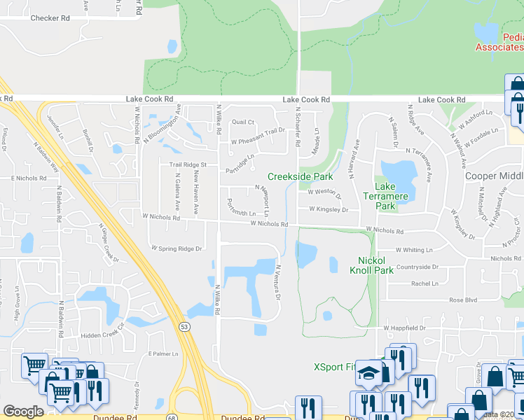map of restaurants, bars, coffee shops, grocery stores, and more near 4010 West Newport Lane in Arlington Heights