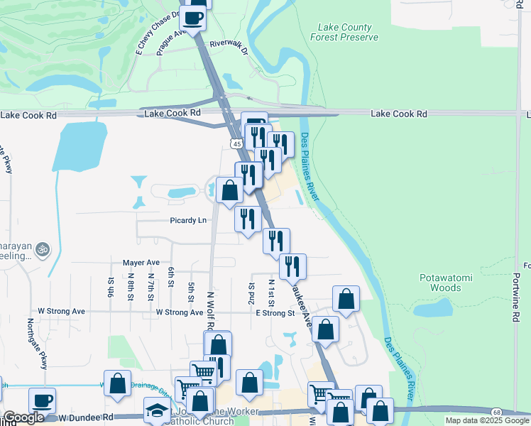 map of restaurants, bars, coffee shops, grocery stores, and more near 561 North Milwaukee Avenue in Wheeling