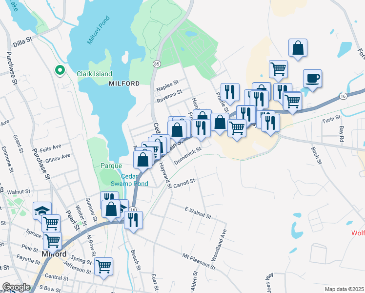 map of restaurants, bars, coffee shops, grocery stores, and more near 119 East Main Street in Milford