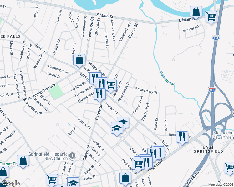map of restaurants, bars, coffee shops, grocery stores, and more near 23 Royalton Street in Chicopee