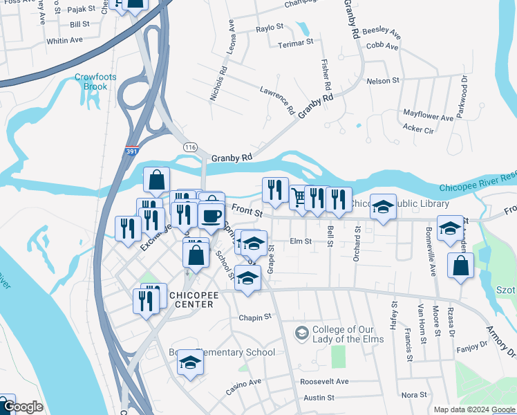 map of restaurants, bars, coffee shops, grocery stores, and more near 313 Front Street in Chicopee