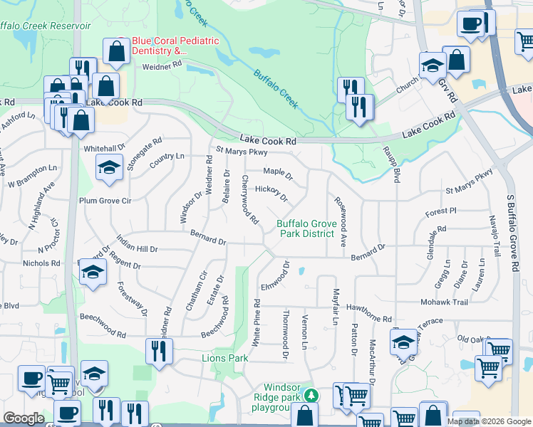 map of restaurants, bars, coffee shops, grocery stores, and more near 10 Arbor Court in Buffalo Grove