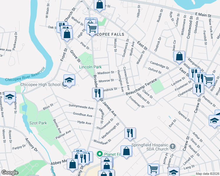 map of restaurants, bars, coffee shops, grocery stores, and more near 52 Hendrick Street in Chicopee