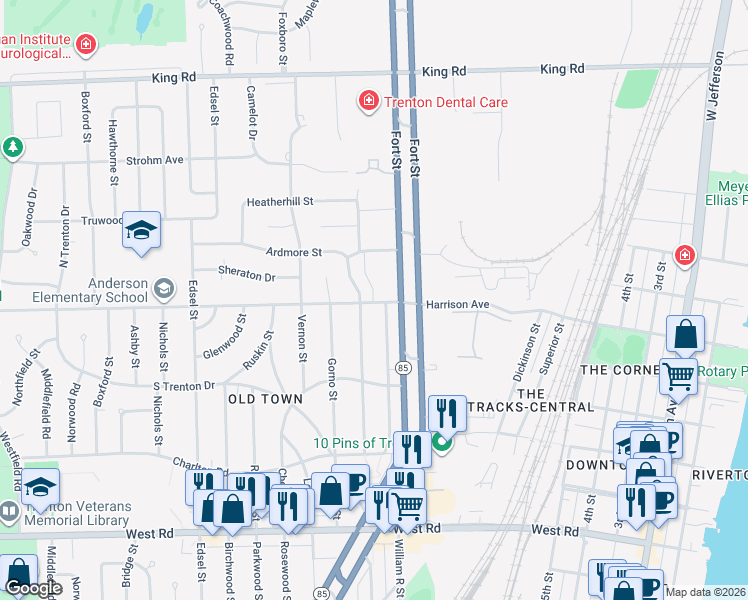 map of restaurants, bars, coffee shops, grocery stores, and more near 2205 Cambridge Street in Trenton