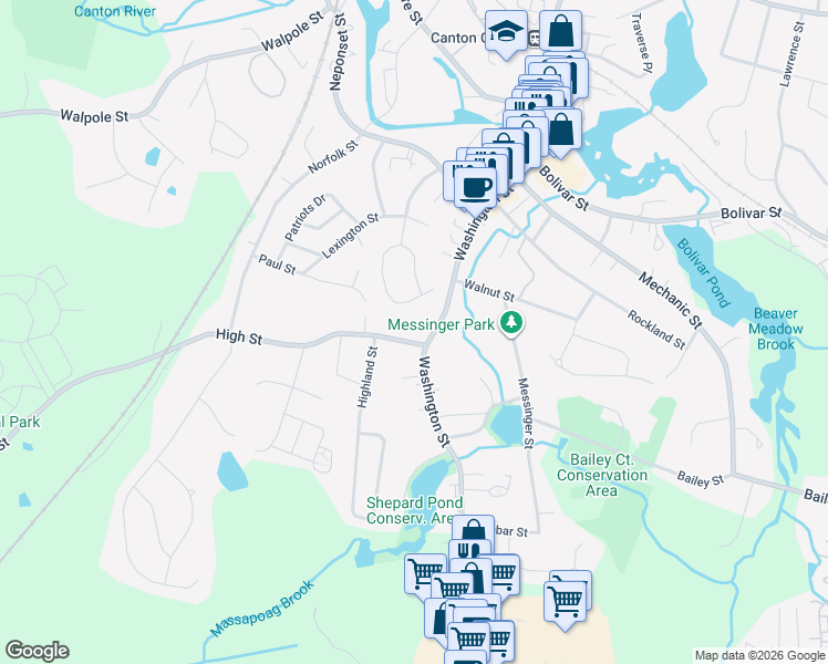 map of restaurants, bars, coffee shops, grocery stores, and more near 366 Washington Street in Canton