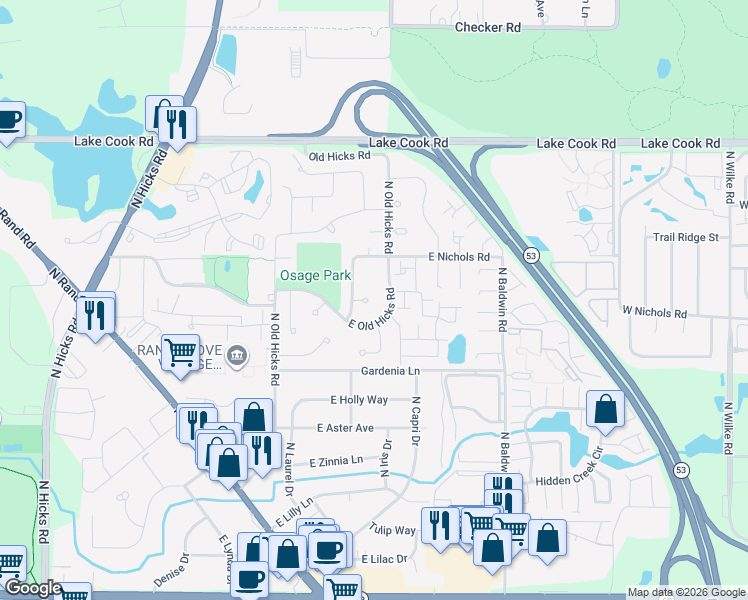 map of restaurants, bars, coffee shops, grocery stores, and more near 2119 Haig Court in Palatine