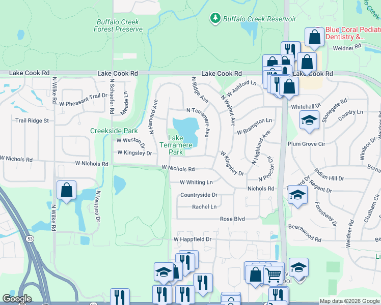 map of restaurants, bars, coffee shops, grocery stores, and more near 814 West Kingsley Drive in Arlington Heights