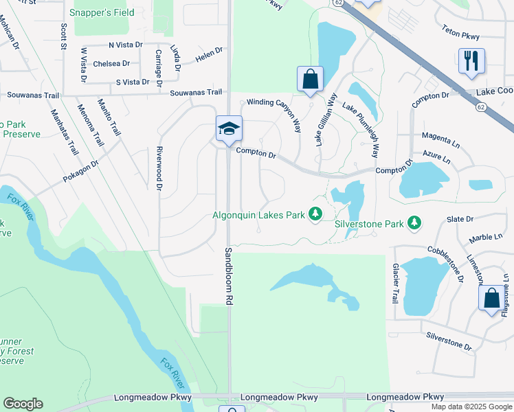 map of restaurants, bars, coffee shops, grocery stores, and more near 721 Lake Cornish Way in Algonquin
