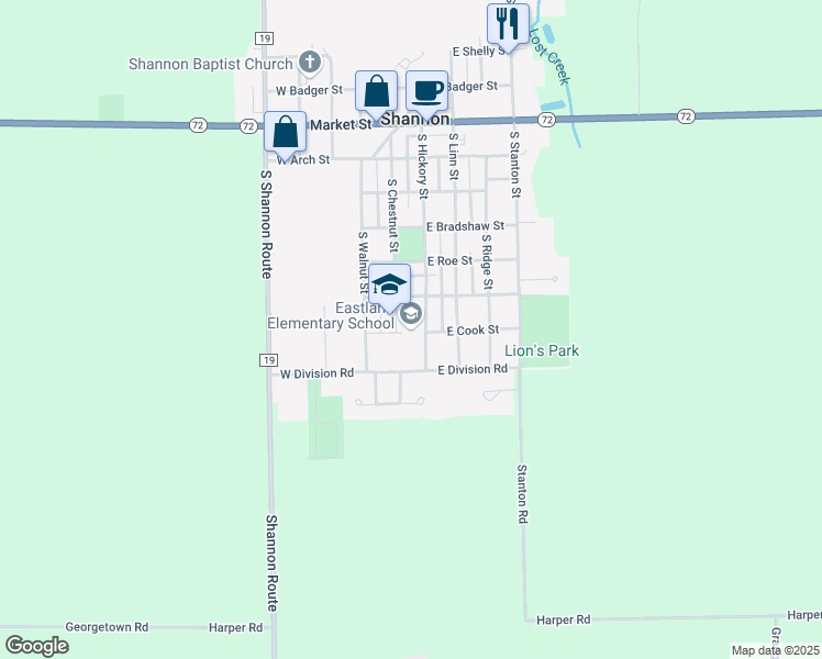 map of restaurants, bars, coffee shops, grocery stores, and more near 601 South Chestnut Street in Shannon