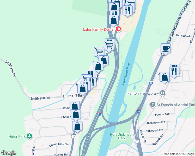 map of restaurants, bars, coffee shops, grocery stores, and more near Front Street in Broome County
