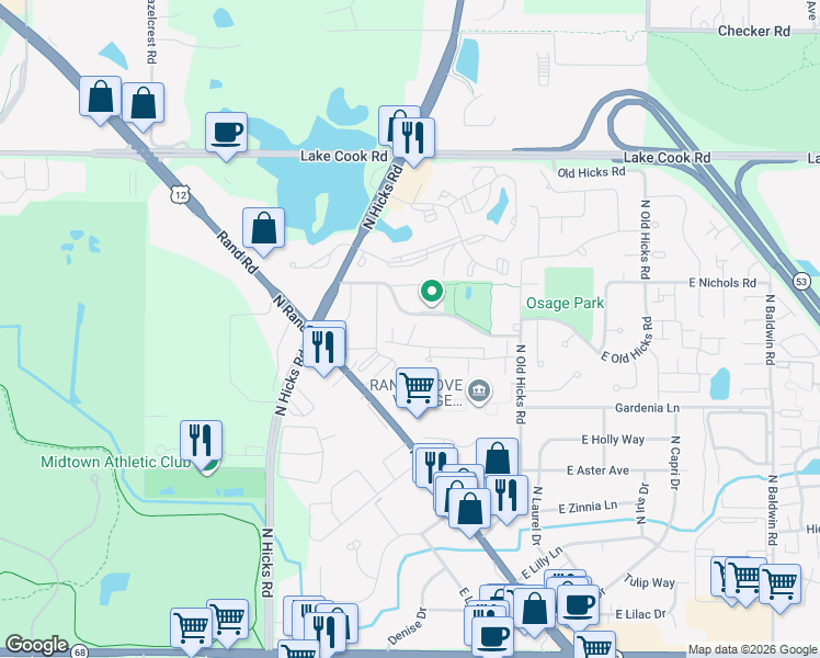 map of restaurants, bars, coffee shops, grocery stores, and more near 628 East Whispering Oaks Court in Palatine
