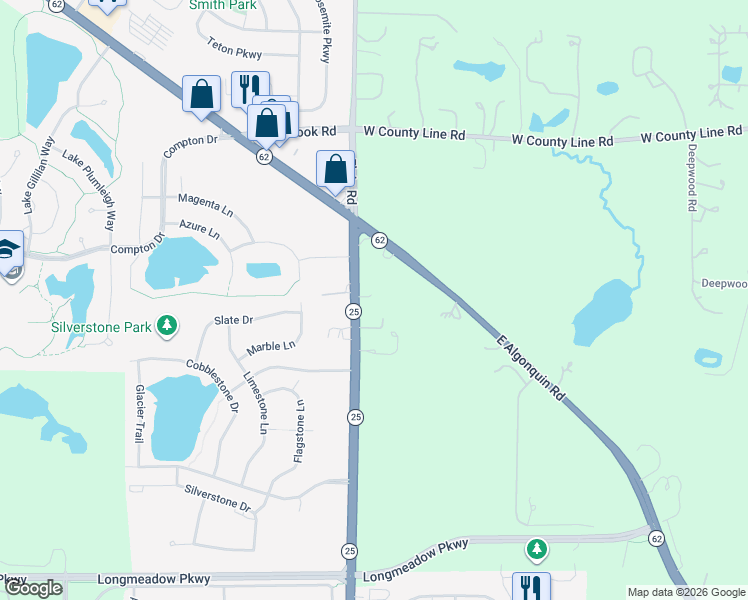 map of restaurants, bars, coffee shops, grocery stores, and more near 2119 Illinois 25 in Barrington