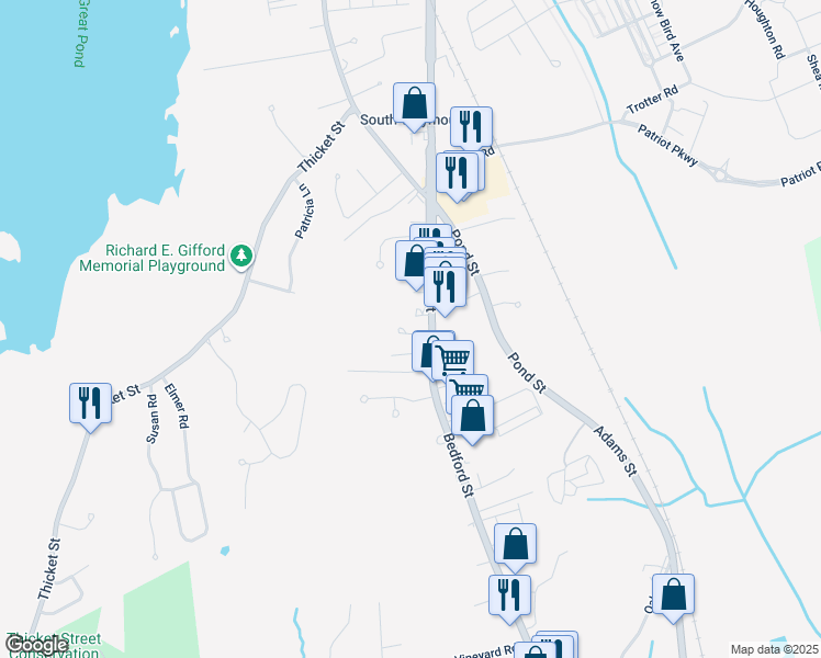 map of restaurants, bars, coffee shops, grocery stores, and more near 21 Eugene Way in Weymouth