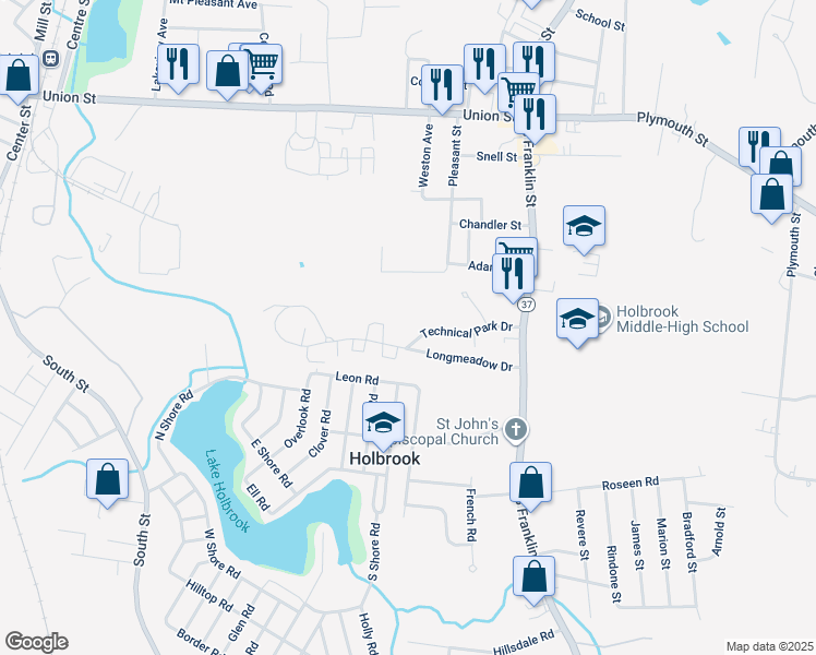 map of restaurants, bars, coffee shops, grocery stores, and more near 30 Technical Park Drive in Holbrook