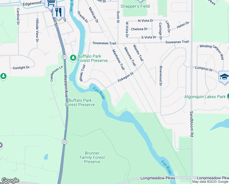 map of restaurants, bars, coffee shops, grocery stores, and more near 1550 Niccon Trail in Algonquin