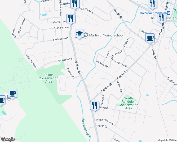 map of restaurants, bars, coffee shops, grocery stores, and more near 25 Hillsdale Road in Randolph