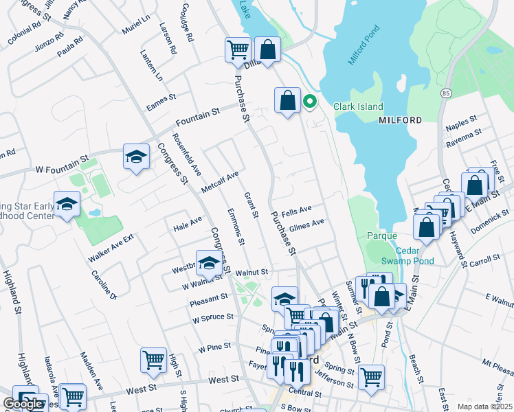 map of restaurants, bars, coffee shops, grocery stores, and more near 34 Purchase Street in Milford