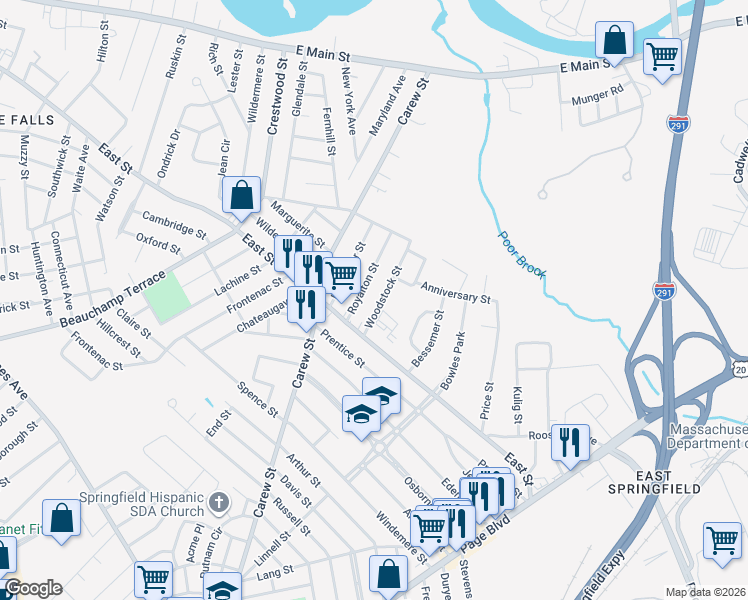 map of restaurants, bars, coffee shops, grocery stores, and more near 23 Royalton Street in Chicopee