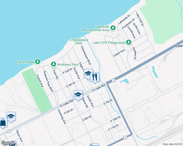 map of restaurants, bars, coffee shops, grocery stores, and more near 402 Chautauqua Boulevard in Erie