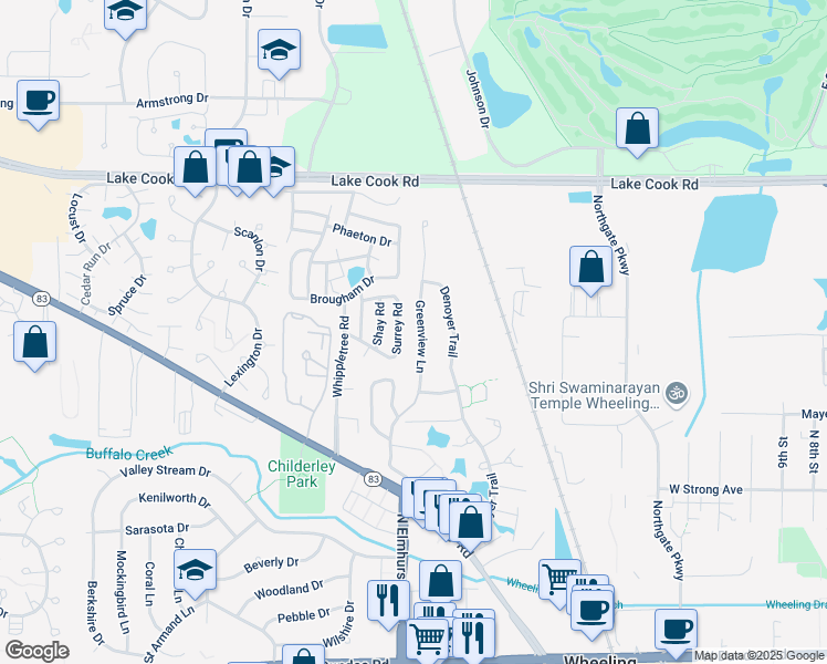 map of restaurants, bars, coffee shops, grocery stores, and more near 550 Greenview Lane in Wheeling