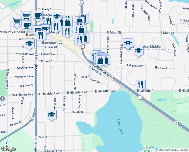 map of restaurants, bars, coffee shops, grocery stores, and more near 734 Concord Lane in Barrington