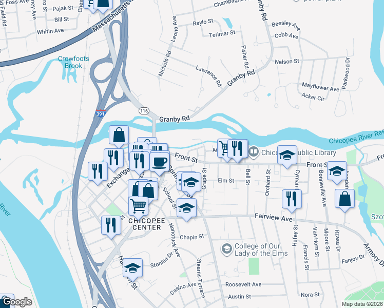 map of restaurants, bars, coffee shops, grocery stores, and more near 8 Canal Street in Chicopee