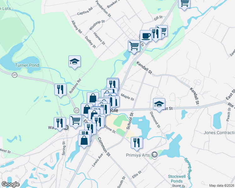 map of restaurants, bars, coffee shops, grocery stores, and more near 881 Main Street in Walpole