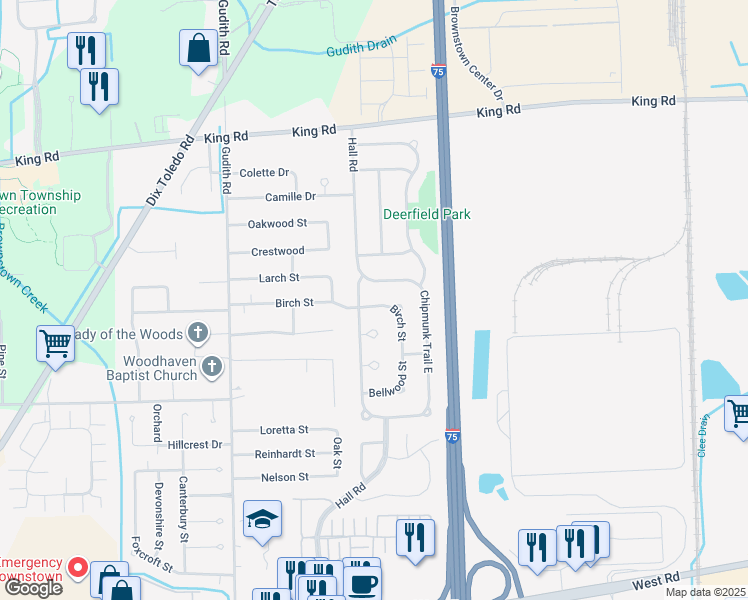 map of restaurants, bars, coffee shops, grocery stores, and more near 21670 Birch Street in Trenton