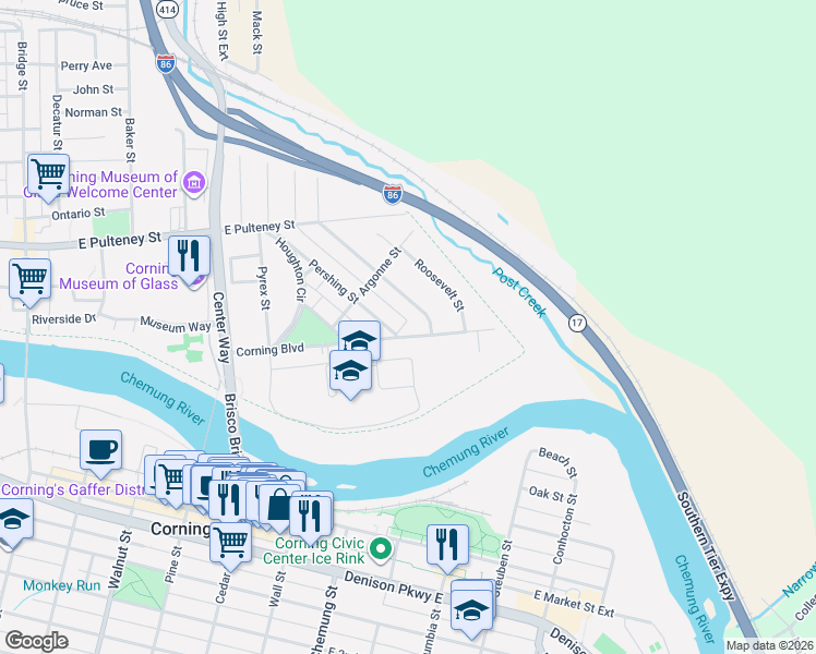 map of restaurants, bars, coffee shops, grocery stores, and more near 105 Corning Boulevard in Corning