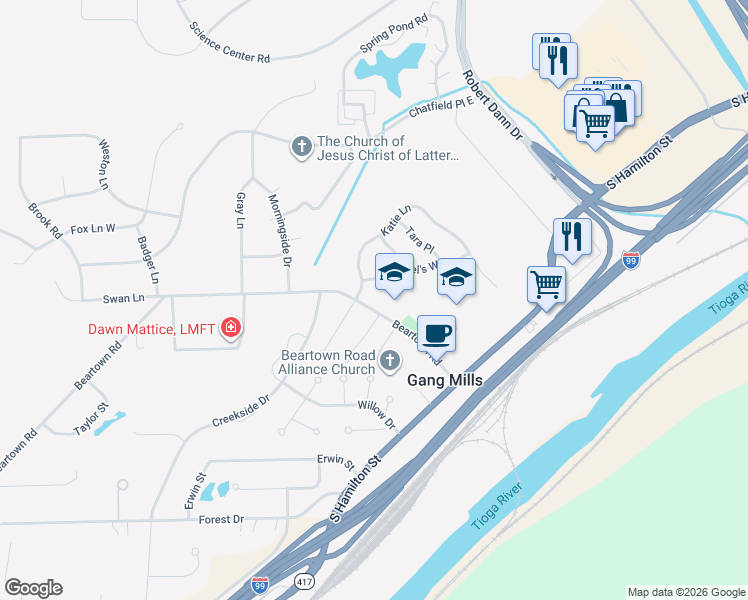 map of restaurants, bars, coffee shops, grocery stores, and more near 70 Beartown Road in Painted Post