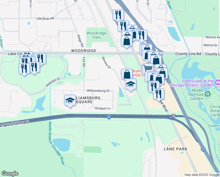 map of restaurants, bars, coffee shops, grocery stores, and more near 1030 Williamsburg Drive in Northbrook