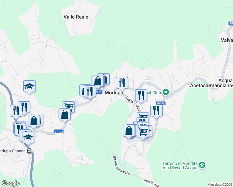 map of restaurants, bars, coffee shops, grocery stores, and more near Strada Provinciale 17a in Morlupo