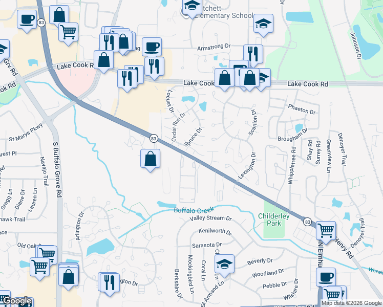 map of restaurants, bars, coffee shops, grocery stores, and more near 545 McHenry Road in Wheeling