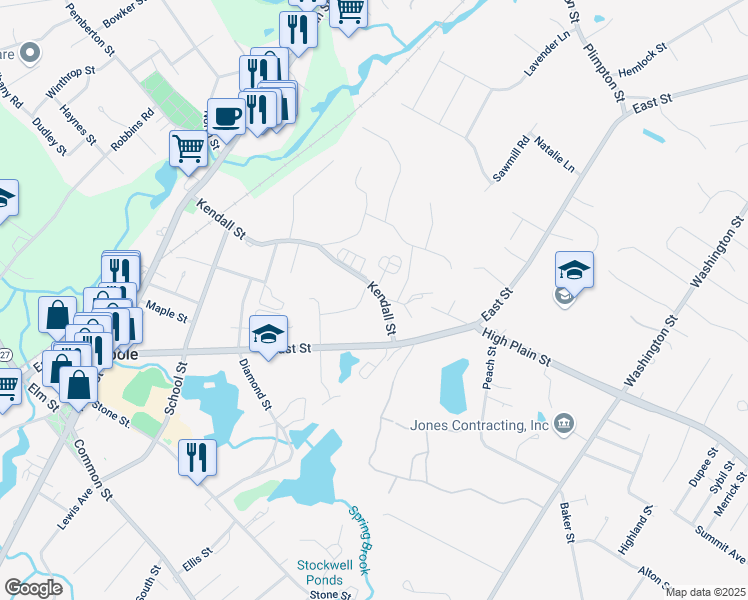map of restaurants, bars, coffee shops, grocery stores, and more near 46-50 Kendall Street in Walpole
