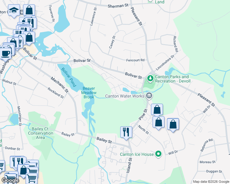 map of restaurants, bars, coffee shops, grocery stores, and more near 33 Waterfall Drive in Canton