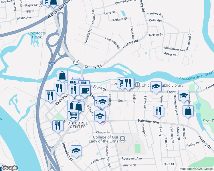 map of restaurants, bars, coffee shops, grocery stores, and more near 14 Parshley Avenue in Chicopee