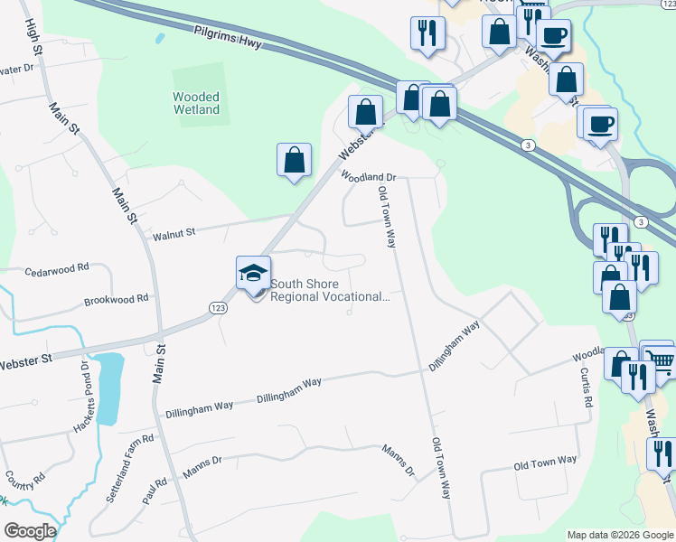 map of restaurants, bars, coffee shops, grocery stores, and more near 18 Hemlock Circle in Hanover