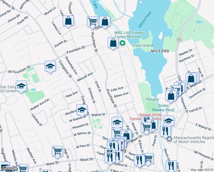 map of restaurants, bars, coffee shops, grocery stores, and more near 34 Purchase Street in Milford