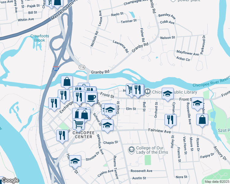 map of restaurants, bars, coffee shops, grocery stores, and more near 313 Front Street in Chicopee