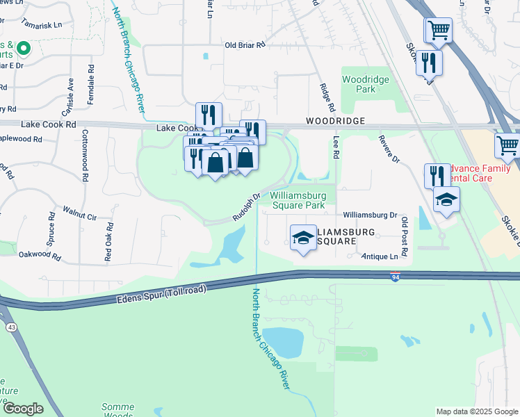 map of restaurants, bars, coffee shops, grocery stores, and more near 1364 Williamsburg Drive in Northbrook